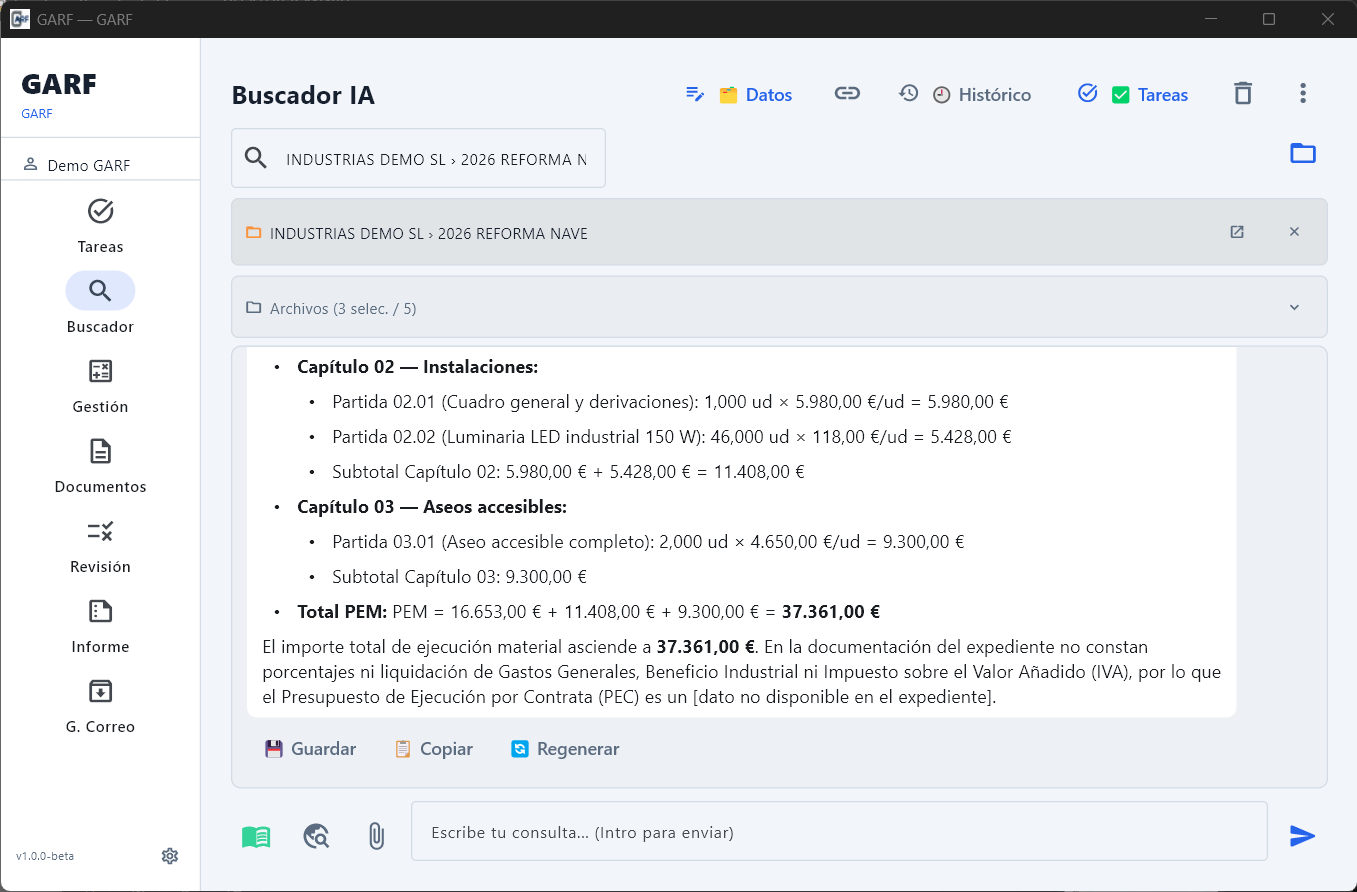 El Buscador de GARF desglosa el presupuesto por capítulos desde el BC3 y declara no disponible lo que el expediente no documenta
