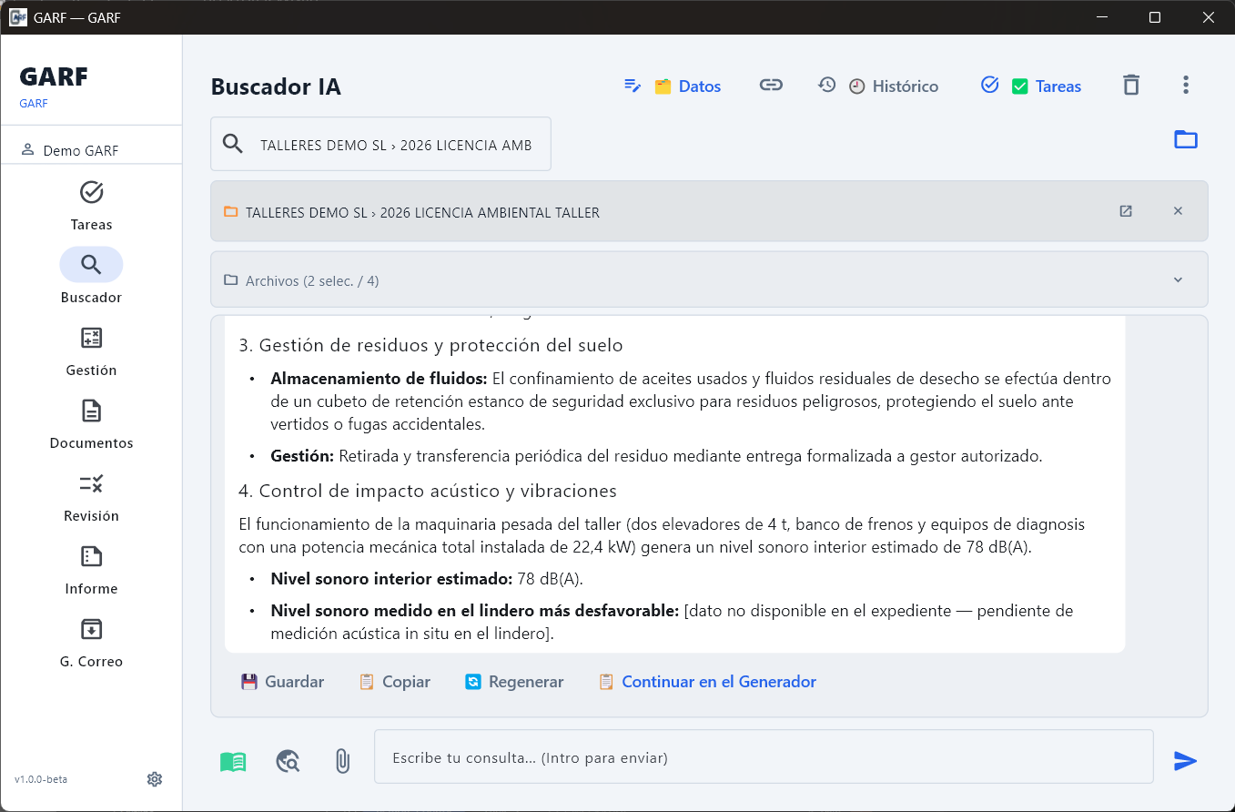 Respuesta de GARF con el nivel sonoro marcado como dato no disponible, pendiente de medición acústica in situ